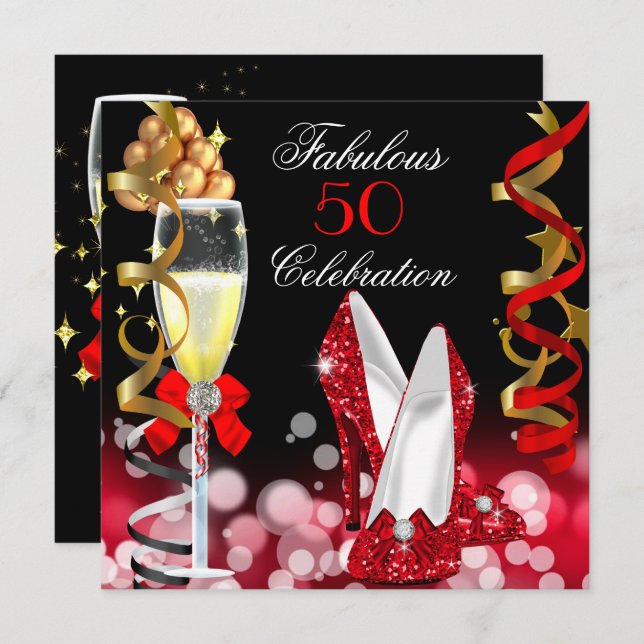Fabulous 50 Red Black Gold Bubbles Party Einladung (Vorne/Hinten)