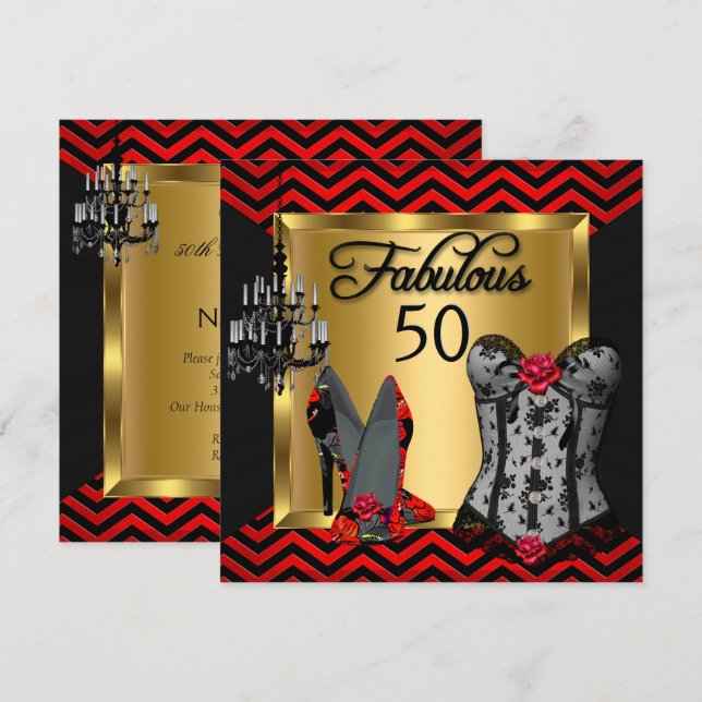 Fabulous 50 Red Black Stripe Heelse Kokettes Party Einladung (Vorne/Hinten)