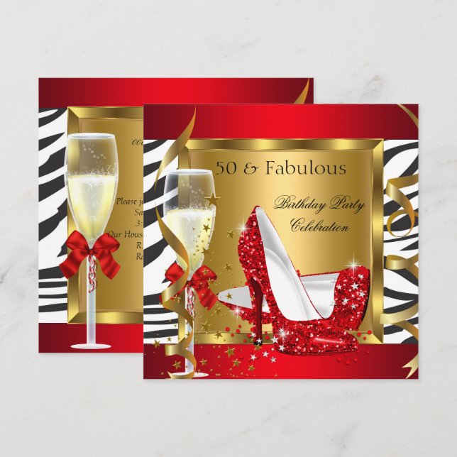 Fabulous 50 Red Glitzer High Heel Zebra Champagne Einladung (Vorne/Hinten)