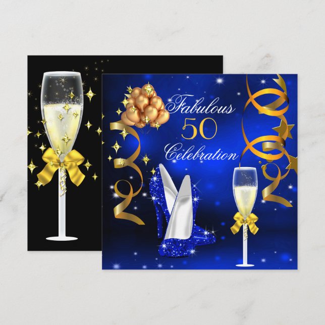 Fabulous 50 Royal Blue Gold Heelses Champagne Part Einladung (Vorne/Hinten)