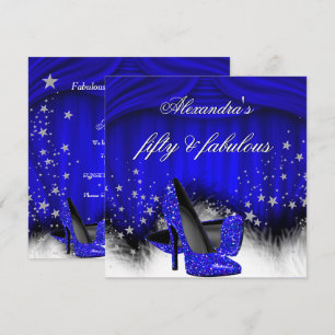Fabulous 50 Royal Blue High Heels Feather Birthday Einladung