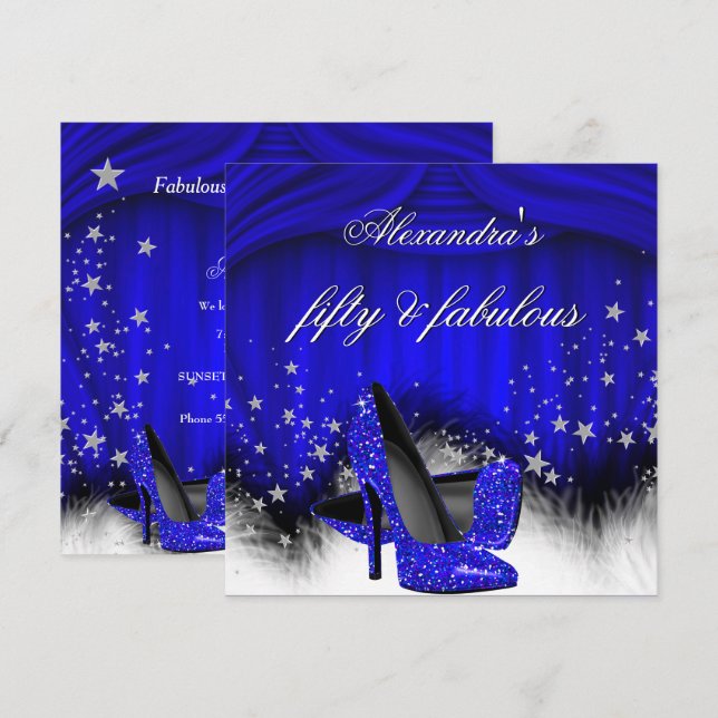 Fabulous 50 Royal Blue High Heels Feather Birthday Einladung (Vorne/Hinten)