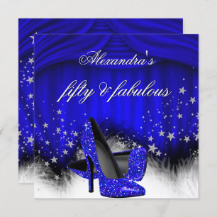 Fabulous 50 Royal Blue High Heels Feather Birthday Einladung