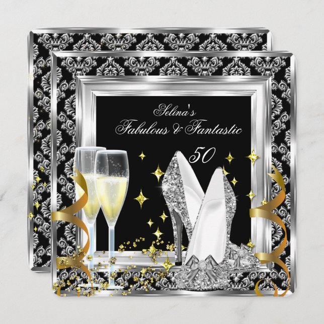 Fabulous 50 Silver Damask Black Birthday Party Einladung (Vorne/Hinten)