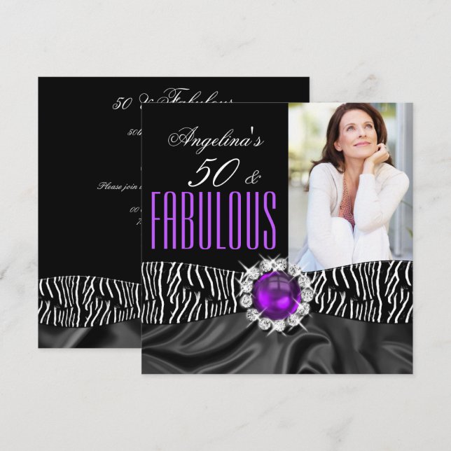 Fabulous 50 Zebra Black Silk Lila Geburtstagsparty Einladung (Vorne/Hinten)