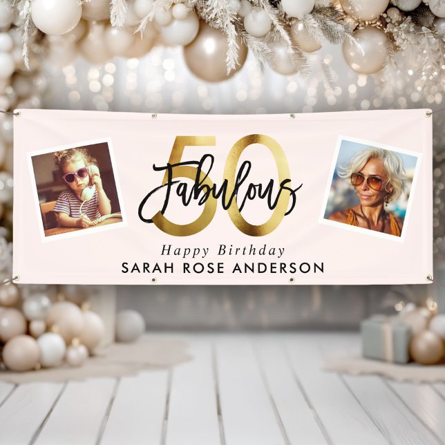 Fabulous 50th Happy Birthday Photo Blush Pink Gold Banner (Von Creator hochgeladen)