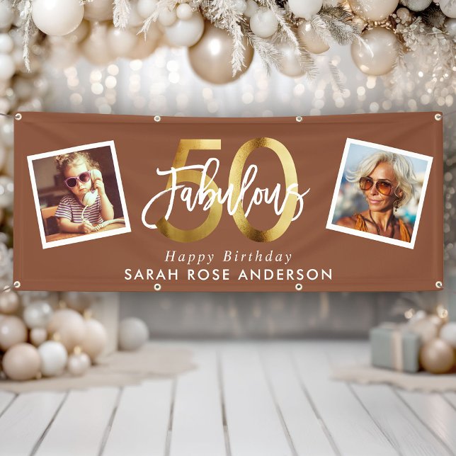 Fabulous 50th Happy Birthday Photo Terracotta Gold Banner (Von Creator hochgeladen)