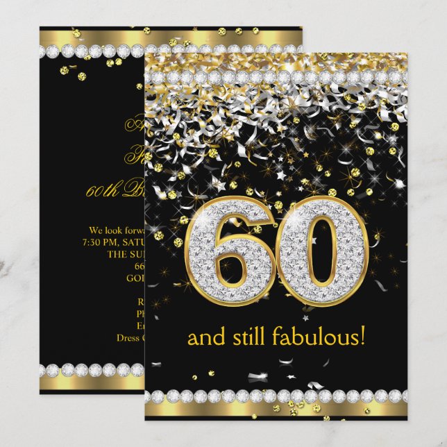 Fabulous 60 Gold Silver Streamers 60. Party Einladung (Vorne/Hinten)