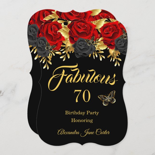 Fabulous 70. Geburtstag Red Black Rose Butterfly Einladung (Vorne/Hinten)