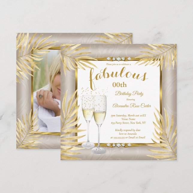 Fabulous Beige Gold Palms Champagner Party Einladung (Vorne/Hinten)