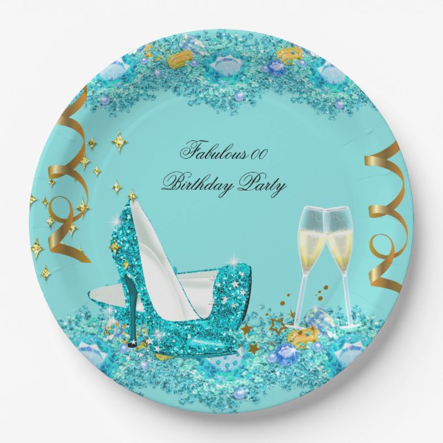 Fabulous Birthday Aquamarin Blue Heelses Champagne Pappteller (Vorderseite)