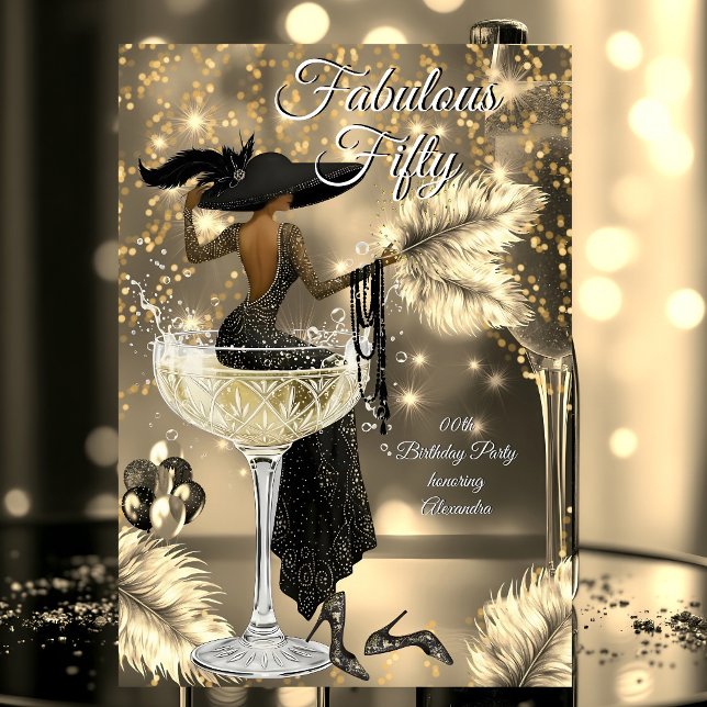 Fabulous Birthday Black Gold Dress Woman Champagne Einladung (Von Creator hochgeladen)