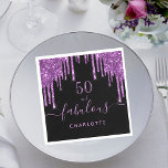 Fabulous birthday black purple glitter sparkle 50 serviette<br><div class="desc">A trendy and glamorous 50th (or any age) birthday napkin. A classic black background decorated with dark purple colored faux glitter drips, paint dripping look. With the text: 50 and fabulous. Personalize and add a name. Light purple colored text. The word Fabulous is written with a modern hand lettered style...</div>