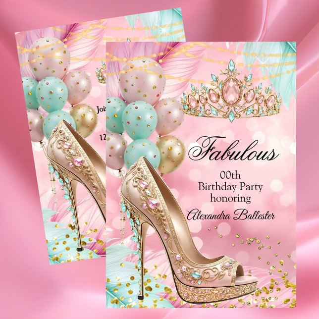 Fabulous birthday Blush Pink Teal Tiara Gold Heel Einladung (Von Creator hochgeladen)