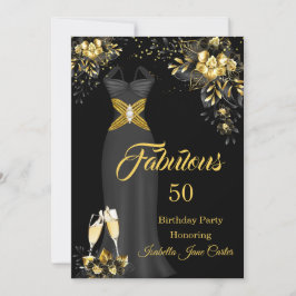 Fabulous Birthday Champagne Black Gold Floral Einladung