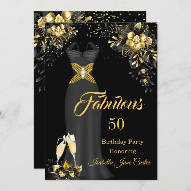 Fabulous Birthday Champagne Black Gold Floral Einladung (Vorne/Hinten)