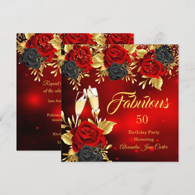 Fabulous Birthday Champagne Red Black Rose Gold Einladung (Vorne/Hinten)