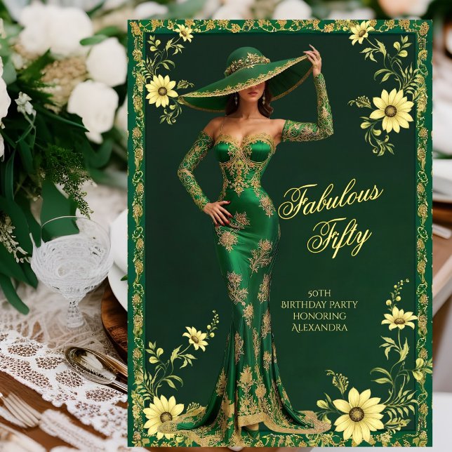 Fabulous Birthday Emerald Gold Woman Floral Einladung (Von Creator hochgeladen)