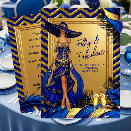 Fabulous Birthday Glamor Woman Blue Gold Feathers Einladung