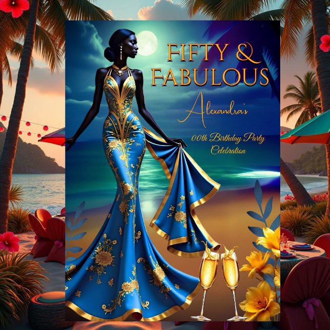 Fabulous Birthday Moonlight Beach Gelb Blau Einladung (Von Creator hochgeladen)