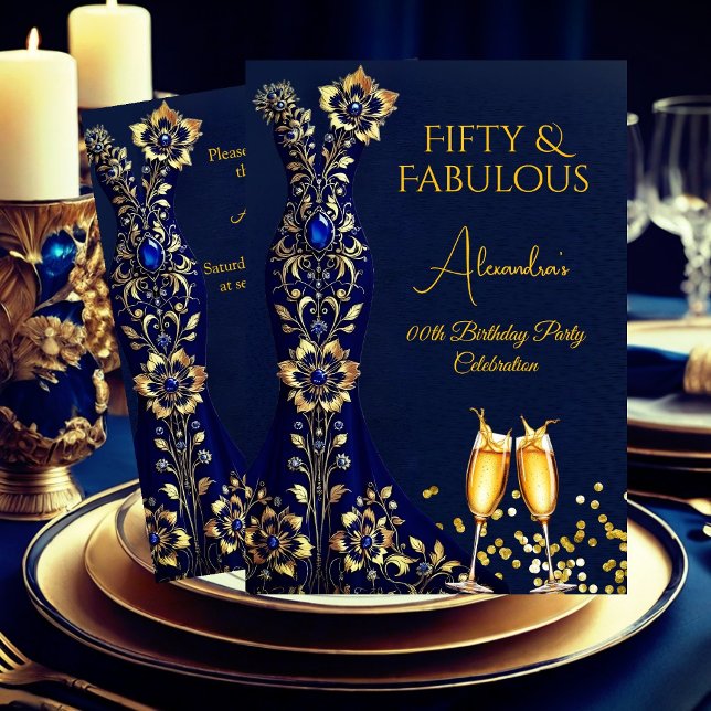 Fabulous Birthday Navy Blue Gold Dress Champagne Einladung (Von Creator hochgeladen)