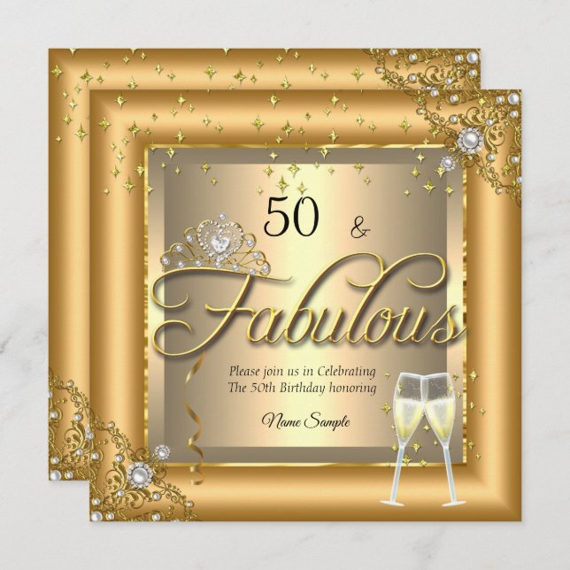 Fabulous Birthday Party Gold Champagne Einladung (Vorne/Hinten)