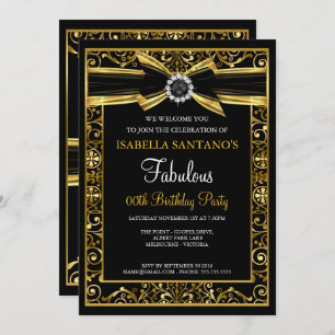 Fabulous Birthday Pearl Gold Lace Bow Black Invite Einladung