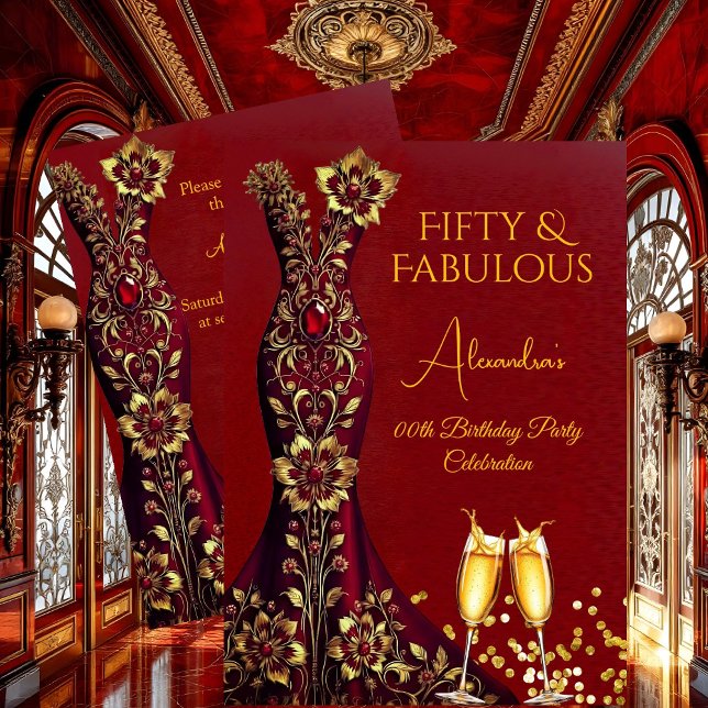 Fabulous Birthday Red Gems Gold Dress Champagne Einladung (Von Creator hochgeladen)