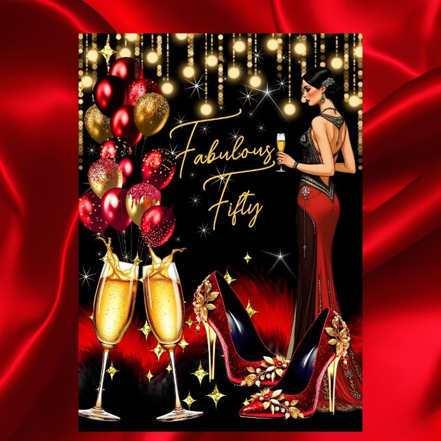 Fabulous Birthday Red Glitzer Champagne Dress Einladung (Von Creator hochgeladen)