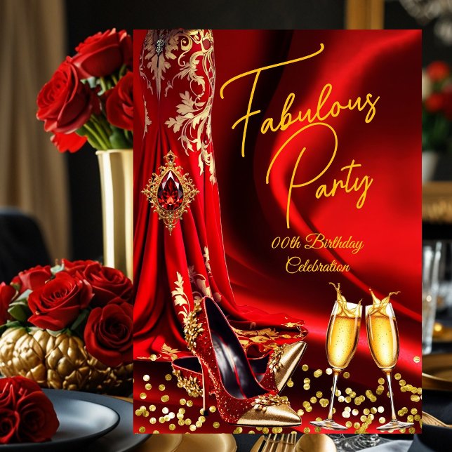 Fabulous Birthday Red Gold Heels Champagne Einladung (Von Creator hochgeladen)