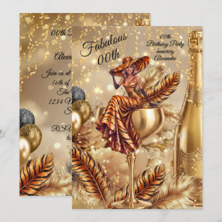 Fabulous Birthday Tiger Gold Dress Champagne Glass Einladung