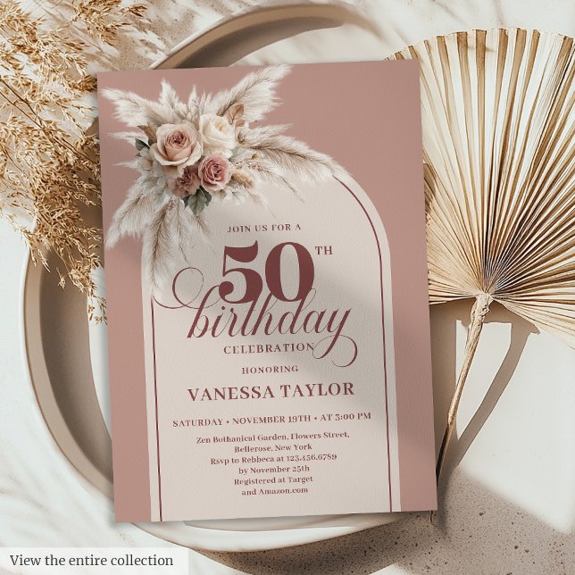 Fabulous Boho Dusty Pink Pampas Floral 50 Birthday Einladung (Fabulous Boho Dusty Pink Pampas Floral 50th Birthday)