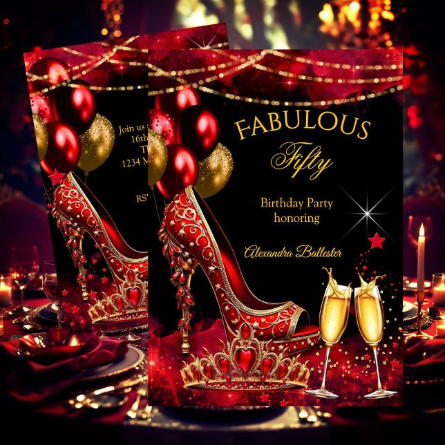 Fabulous Champagne birthday party Red Gold Heel Einladung (Von Creator hochgeladen)