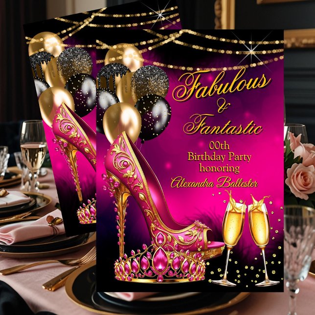 Fabulous Champagne birthday Pink Tiara Gold Heel Einladung (Von Creator hochgeladen)