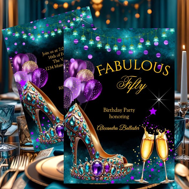 Fabulous Champagne birthday Purple Teal Gold Heel Einladung (Von Creator hochgeladen)