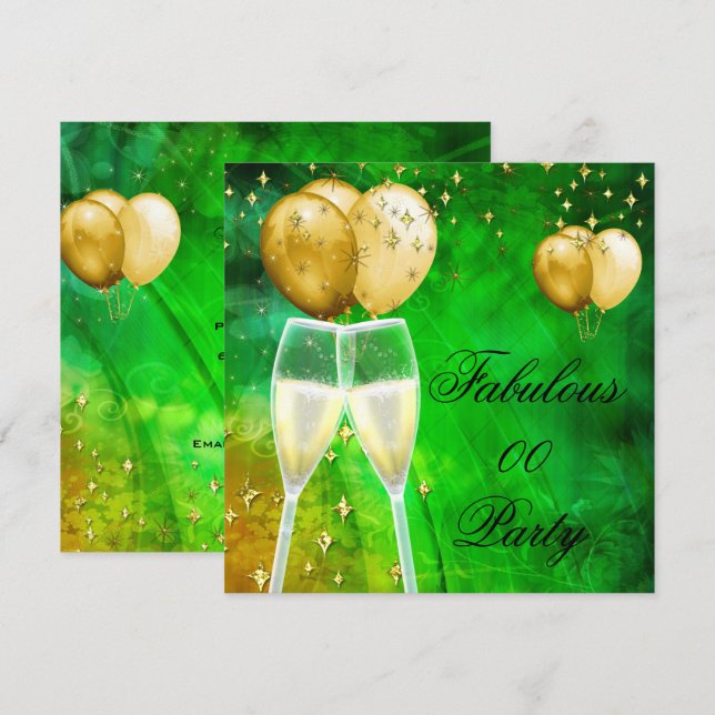 Fabulous Champagne Geburtstagsparty Green Gold Einladung (Vorne/Hinten)
