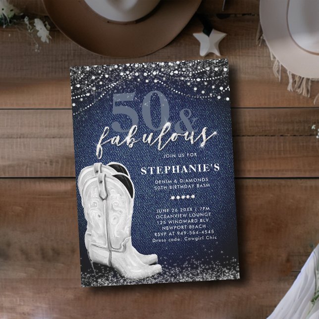 Fabulous Denim Diamonds Boot Country 50. Geburtsta Einladung (50th birthday invitation women denim diamonds cowgirl boots country elegant classy chic bling glitz )