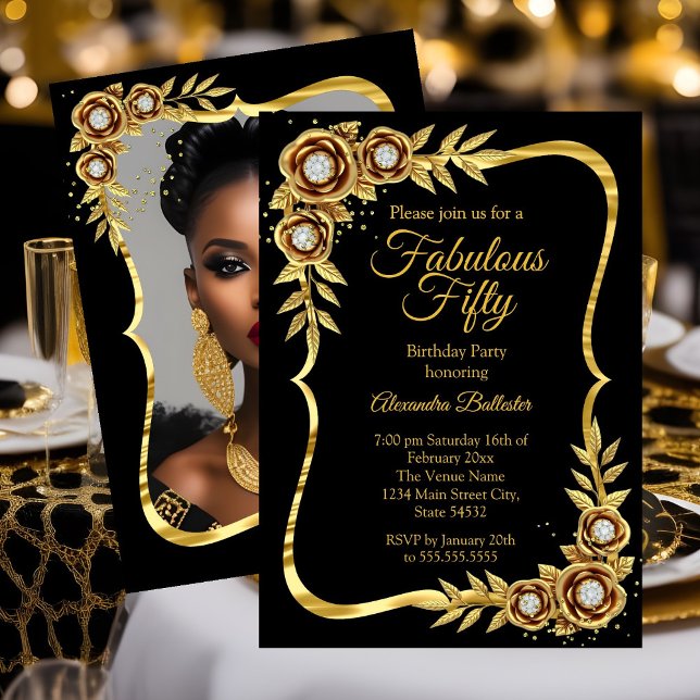 Fabulous Elegant Birthday Photo Gold Black Diamond Einladung (Von Creator hochgeladen)
