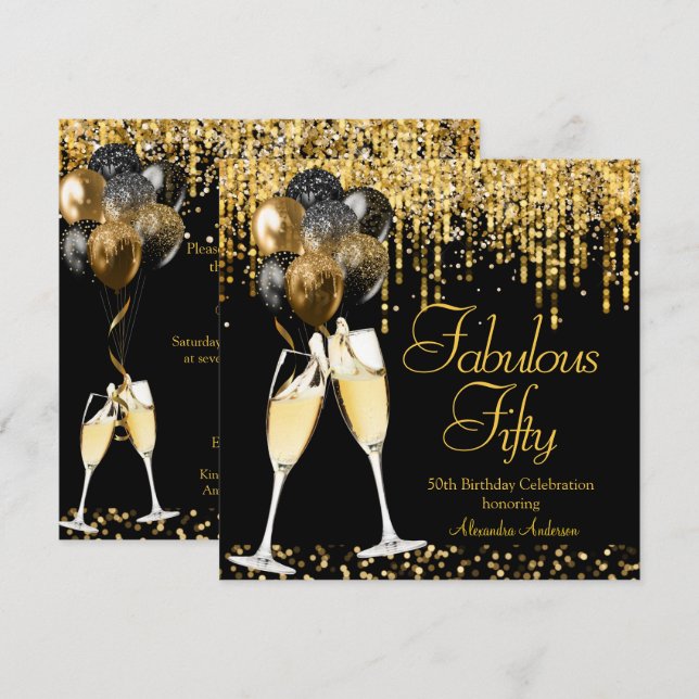 Fabulous Fifty Birthday Glitzer Gold Champagne SQ Einladung (Vorne/Hinten)