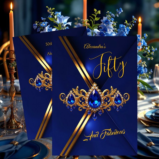 Fabulous Fifty Birthday Royal Blue Gold Gems Einladung (Von Creator hochgeladen)
