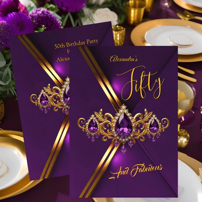 Fabulous Fifty Birthday Royal Purple Gold Gems Einladung (Von Creator hochgeladen)
