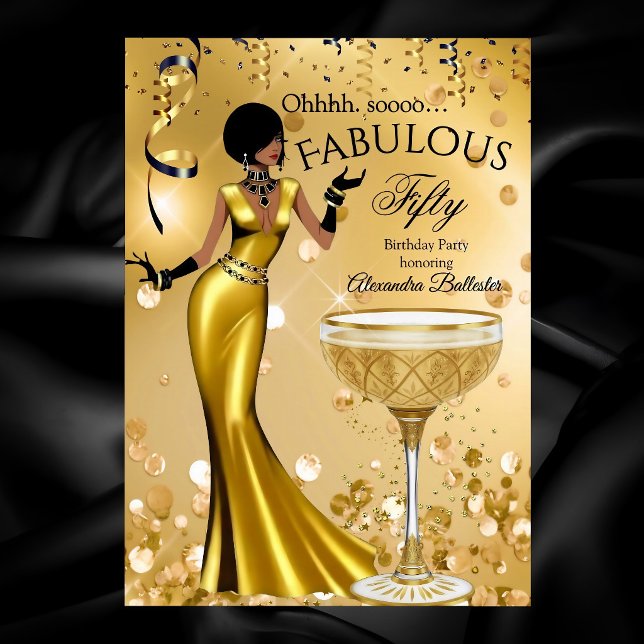 Fabulous Fifty Gold Black Champagne Birthday Party Einladung (Von Creator hochgeladen)