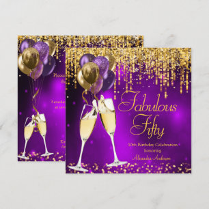 Fabulous Fifty Lila Glitter Gold Champagner SQ Einladung
