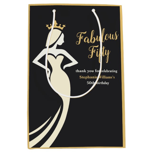 Fabulous Fifty Queen Golden Black 50th Birthday Mittlere Geschenktüte (Vorderseite)