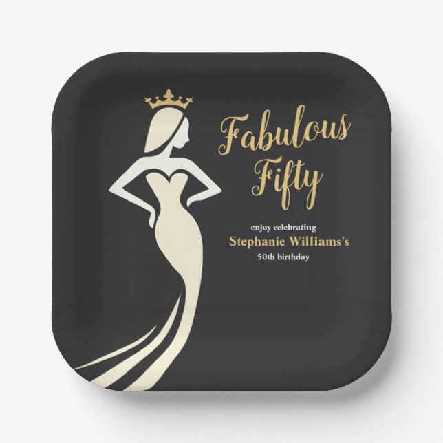 Fabulous Fifty Queen Golden Black 50th Birthday Pappteller (Vorderseite)