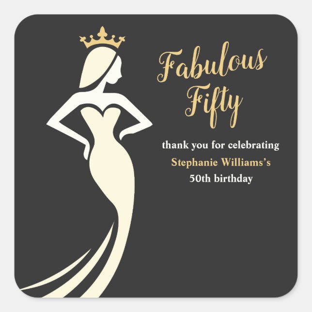 Fabulous Fifty Queen Golden Black 50th Birthday Quadratischer Aufkleber (Vorderseite)