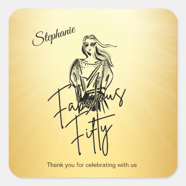 Fabulous Fifty Woman Gold Sketch 50th Birthday Quadratischer Aufkleber (Vorderseite)