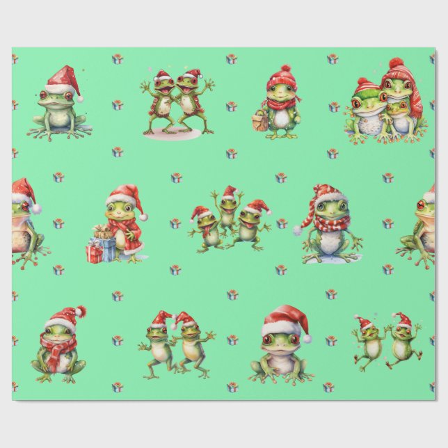 Fabulous Frogs Weihnachtsfeiertag auf grünem Wrapp Geschenkpapier (Flach)