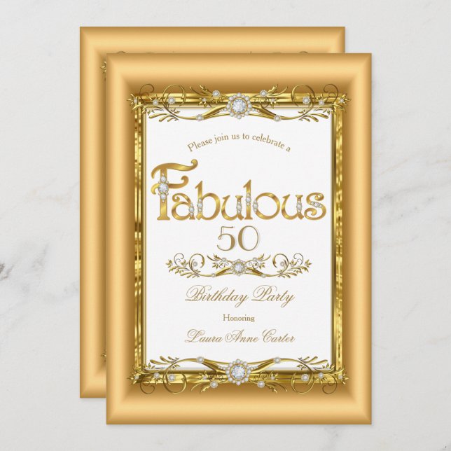 Fabulous Gold White Diamond Geburtstagsparty Einladung (Vorne/Hinten)