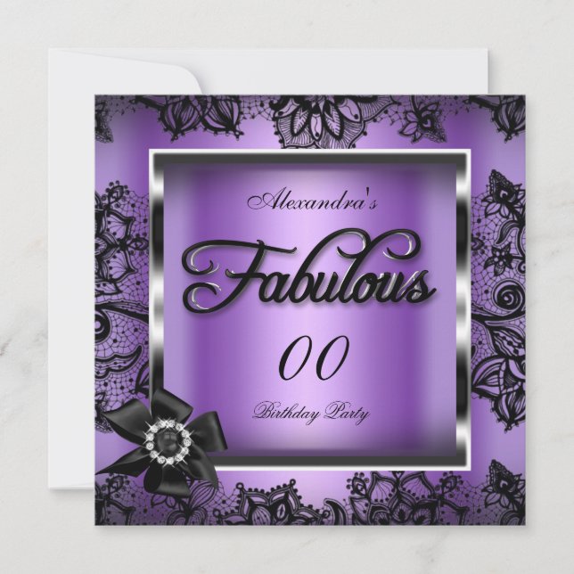Fabulous Party Lila Damask Black Lace Pearl Einladung (Vorderseite)